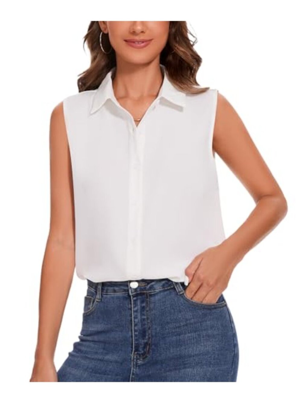 Sleeveless Button Down Collared Chiffon Blouse Women's Tank Top